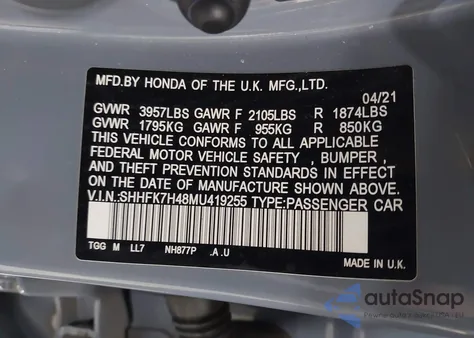 2021 Honda Civic Sport z USA, uszkodzony, nr VIN SHHFK7H48MU419255